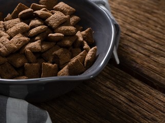 Bowl of chocolate toast crunch with napkin