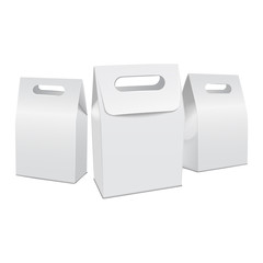 Set of white 3d model cardboard take away food box mock up. Empty product container template, isolated vector illustration