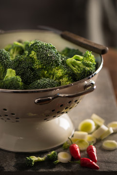 floret of broccoli in a colander