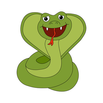 Flat simple cobra isolated on white background. Green color outline icon of kind animal in the cartoon style. Vector cobra illustration. Green snake image in a simple style.