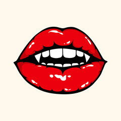 Vampire woman open mouth with shiny red lips. Halloween vector illustration