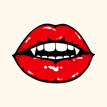 Vampire woman open mouth with shiny red lips. Halloween vector illustration