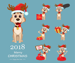 Merry Christmas. Cute dog wearing Santa Claus hat and deer antlers. Set