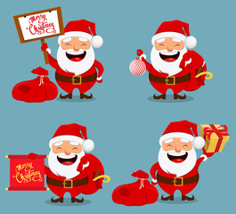 Christmas Santa Claus, funny cartoon character. Smiling Santa holding bag with presents. Set of four vector illustrations.