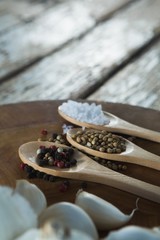 Garlic bulbs and spices on wooden board