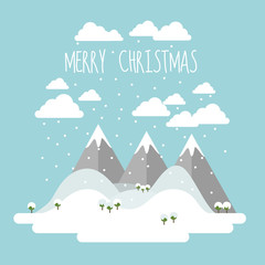 Flat simple vector christmas card with snowy winter landscape