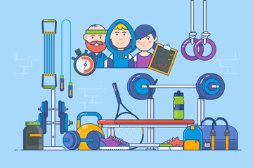 Sport, recreation, active lifestyle, concept header, flat design thin line style.Weights, dumbbells, punching bag, bench, bag, and expander. Flat vector illustrat