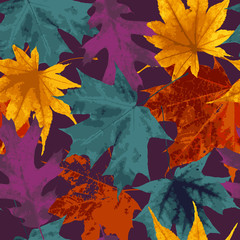Abstract seamless vector autumn pattern. Fall texture. Grunge leaves background. Season illustration for September, October and November.