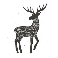 Merry Christmas and Happy New Year card with hand drawn vintage deer