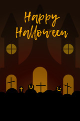 Vector illustration with castle, graves and pumpkins on night background. Color halloween image. Icon with elements of holiday. Festive postcard to the day of All Saints. Holiday card Happy Halloween.