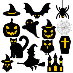 Vector illustration with castle, grave, pumpkin, hat of witch, bat, spider, ghost, cat, witch on white background. Halloween image. Icon with stickers of holiday. Holiday card Happy Halloween.