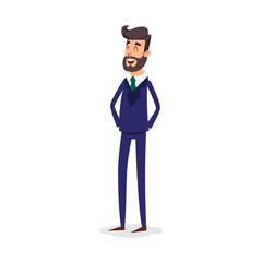 Cartoon successful businesman in suit. Young office manager in flat style. Professional fashion salesman smiling on a white background. Big boss. Shop sales assistant.