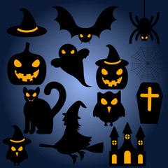 Vector illustration with castle, grave, pumpkin, hat of witch, bat, spider, ghost, cat, witch on blue background. Halloween image. Icon with stickers of holiday. Holiday card Happy Halloween.