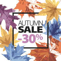 Abstract sale illustration. Autumn sale vector grunge template with lettering. Yellow, purple, blue, orange leaves fall. Black ink text. 30 percent off