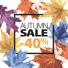 Abstract sale illustration. Autumn sale vector grunge template with lettering. Yellow, purple, blue, orange leaves fall. Black ink text. 40 percent off