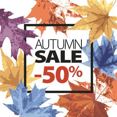 Abstract sale illustration. Autumn sale vector grunge template with lettering. Yellow, purple, blue, orange fallen leaves. Black ink text. 50 percent off