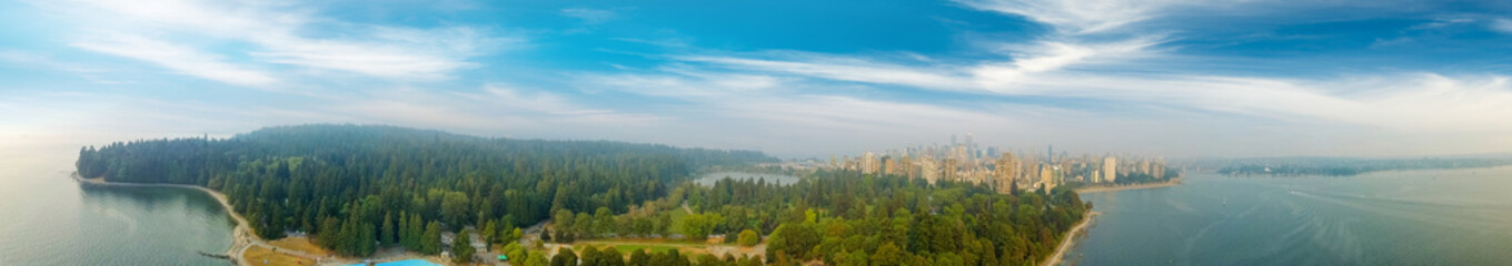 Panoramic aerial view of Stanley park and Vancouver cityscape, British Columbia - Canada