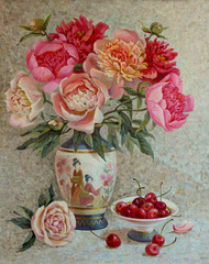 A bouquet of red, white, pink peonies in a vase with figures of a geisha and a cup of ripe cherries is a still-life painted by artist Natali Kanashova