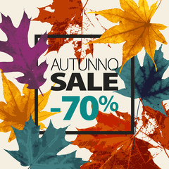 Abstract sale illustration. Autumn sale vector grunge template with Italian lettering. Yellow, red, green, orange leaves fall. Black ink text. 70 percent off