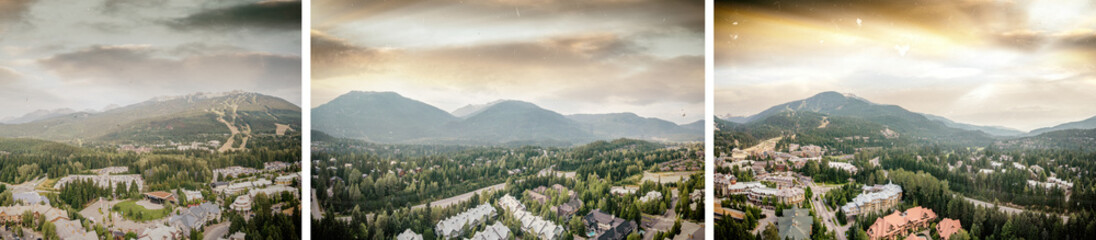 Panoramic aerial view of Whistler skyline and surrounding mountain scenario in summer