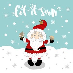 Christmas Greeting card with funny Santa Claus and lettering 