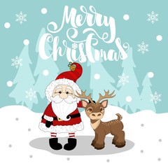 Christmas Greeting card with funny Santa Claus and lettering 