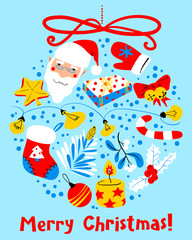 Christmas card with decoration ball. Winter seasonal greeting design  with Santa Claus. Merry