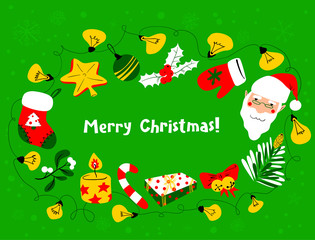 Christmas wreath. Winter seasonal greeting frame  with Santa Claus. Merry Christmas lettering.