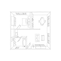 Freehand sketch drawing furnished home apartment