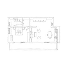 Freehand sketch drawing of furnished home apartment