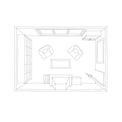 Freehand sketch drawing of furnished living room