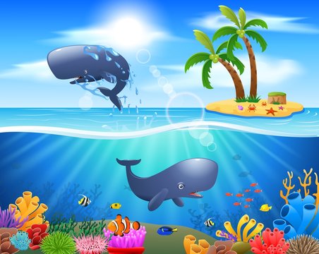 Cartoon sperm whale jumping in blue ocean background. vector illustration