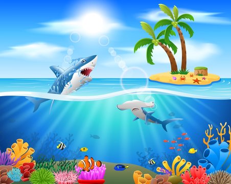 Cartoon shark jumping in blue ocean background. vector illustration