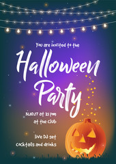 Naklejka premium Halloween party invitation - vector illustration with a pumpkin and hanging party lights