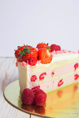 Tasty strawberry cream white chocolate yogurt cake homemade bakery  on white background