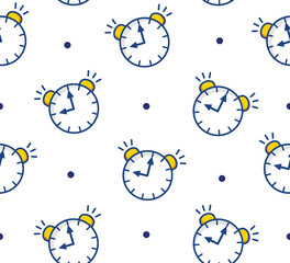 Seamless pattern in polka dot with alarm clock on white background. Thin line flat design. Vector.
