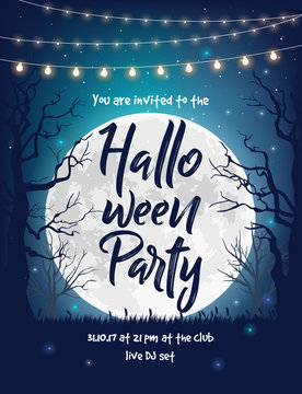 Halloween party invitation - vector illustration with a full moon, forest and hanging party lights