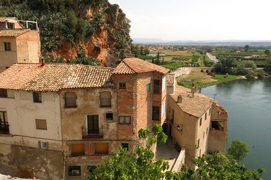 Miravet, Catalonia, Spain medieval buildings viewed from above Ebro River