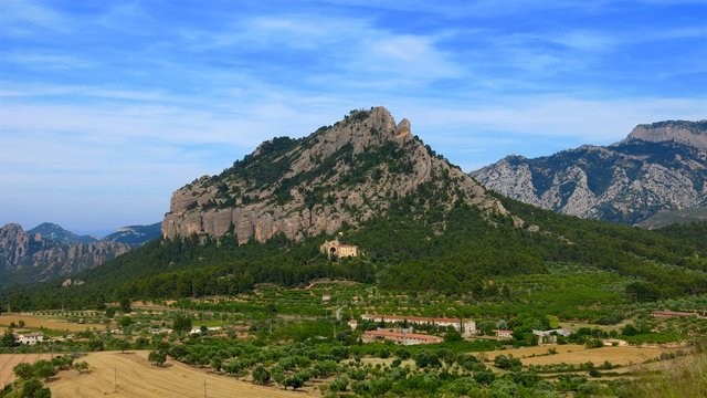 Santa Barbara Mountain and Saint Salvador d’Horta monastery Convent of Angels, Horta de Sant Joan, Catalonia, Spain