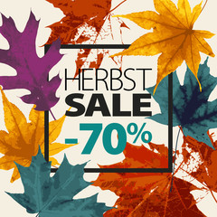 Abstract sale illustration. Autumn sale vector grunge template with German lettering. Yellow, red, green, orange leaves fall. Black ink text. 70 percent off