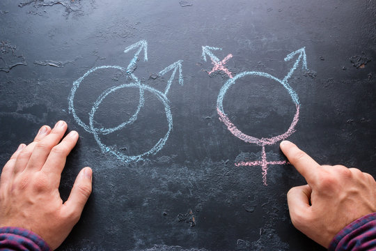 a man makes a choice between gender symbols of transgender and homosexuality