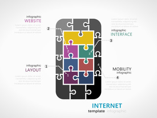 Internet infographic template with smart phone symbol made out of jigsaw pieces