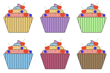Flat simple cupcakes with sprinkles and cherry isolated on white background. Color outline icons of cute delicious sweets in cartoon style. Vector illustration baking unicorn Tasty dessert for holiday