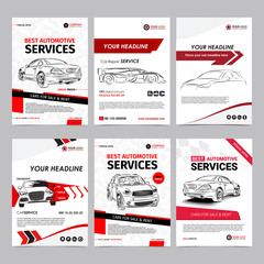 Auto repair Services business layout templates set, automobile magazine cover, auto repair shop brochure, mockup flyer. Vector illustration. - 177437515