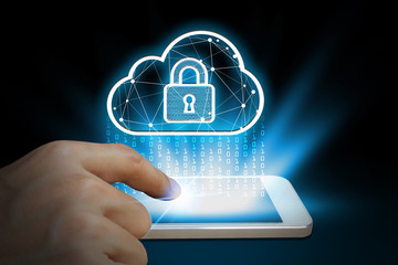 man use smartphone with virtual screen padlock and cloud computing, Cyber Security Data Protection Business Technology Privacy concept, Internet Concept of global business, cloud computing concept