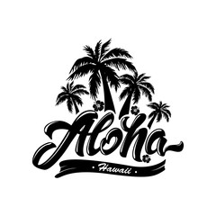 Aloha typography with Palm tree and hibiscus. Vector illustration for t-shirt print .Hawaii. Black and white - obrazy, fototapety, plakaty