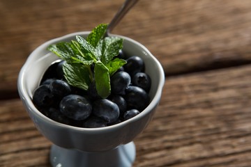 Bowl of blueberries garnished with mint