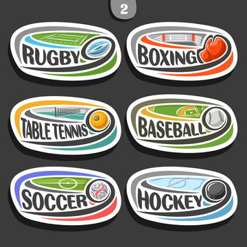 Vector set of sport logos, 6 oval simple badges with flying ball on curved trajectory, sports signs of minimal design with games equipment, original typography for words of different kind of sport.