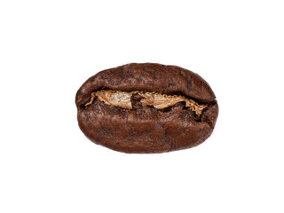 Single brown roasted coffee bean isolated over the white background, top view