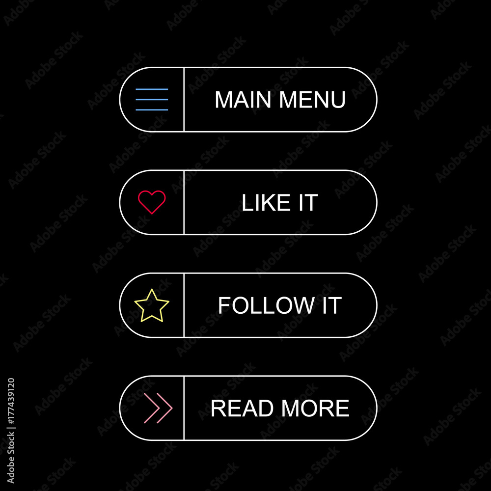 Poster flat simple illustration of buttons isolated on black background. color icons main menu buttons set 